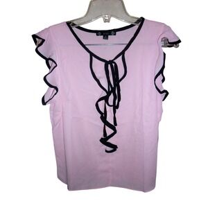 Pink‎ Sheer Blouse Flutter Sleeve Tie Neck Ruffle Top - Iris LA Size Large L